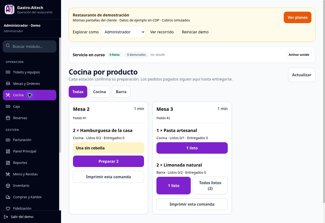 Pantalla real de cocina por producto de Gastro-Aitech, con datos de demostración