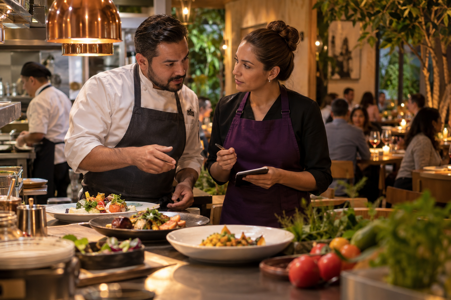 Escena ilustrativa de coordinación entre gerencia y cocina en un restaurante